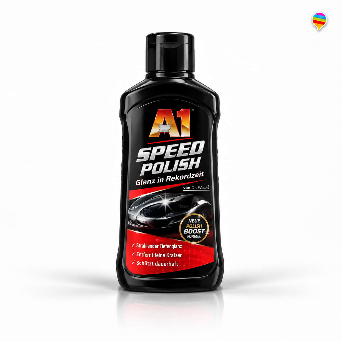 A1 Speed Polish – Glanz in Rekordzeit – KI-generiertes Einzelproduktbild auf weißem Hintergrund mit weichem Schatten und Logo oben rechts