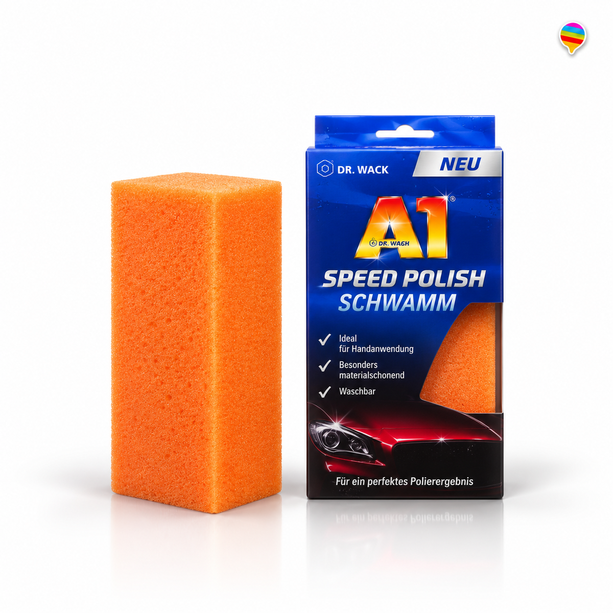 A1 Speed Polish Schwamm – KI-generiertes Einzelproduktbild auf weißem Hintergrund mit weichem Schatten und Logo oben rechts