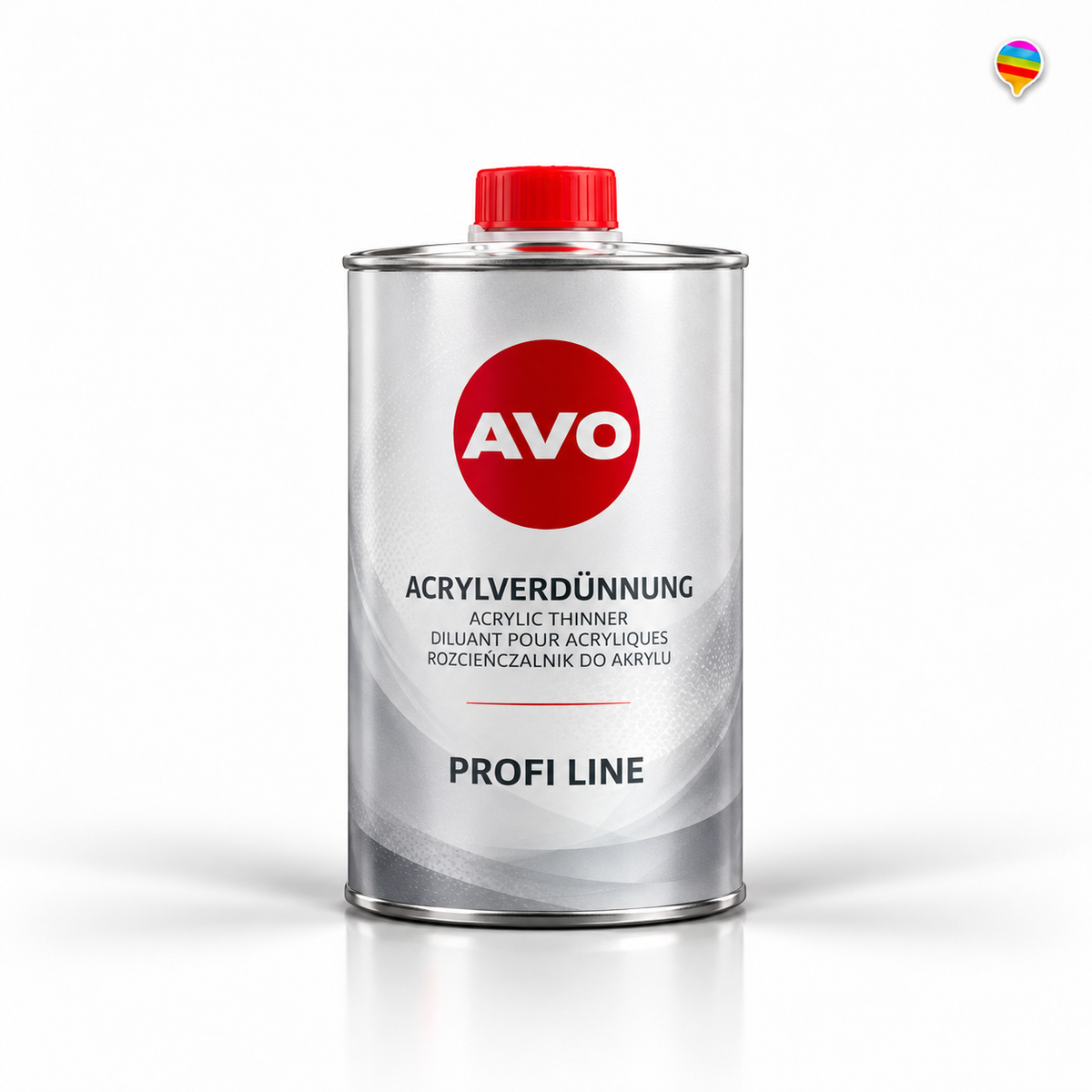 AVO Acrylverdünnung Profi Line 1L – KI-generiertes Produktbild auf weißem Hintergrund mit kleinem Regenbogenlogo oben rechts