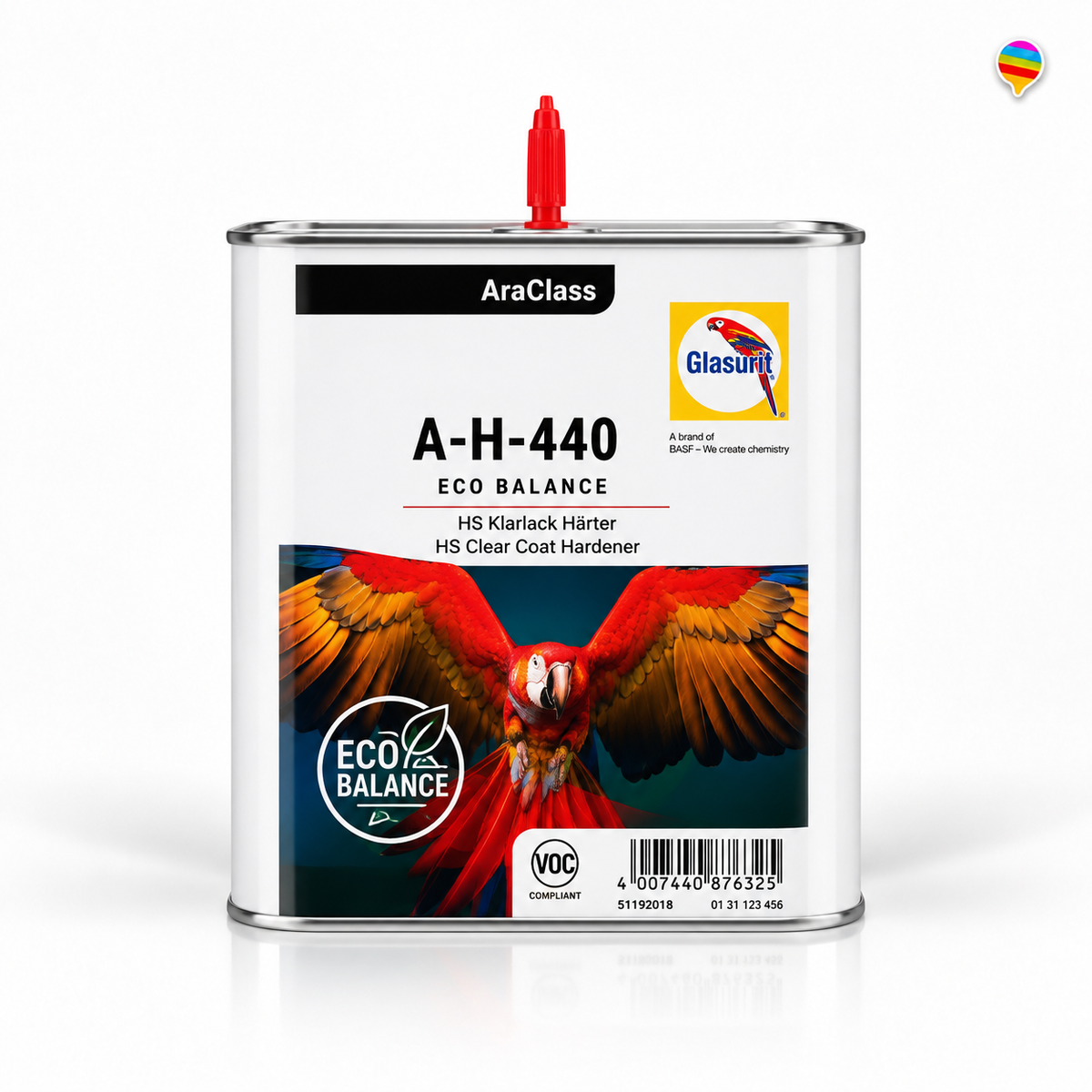 Glasurit AraClass A-H-440 Eco Balance Decklackhärter lang 2,5 L – KI-generiertes Einzelproduktbild auf weißem Hintergrund mit weichem Schatten und Logo oben rechts