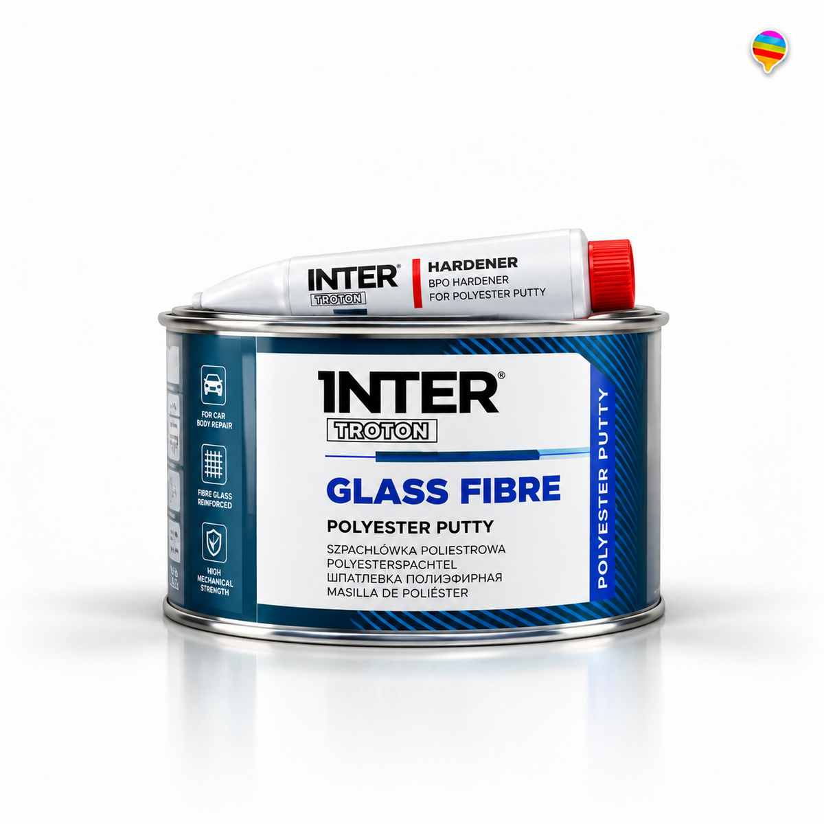 Inter Troton Glass Fibre Spachtel – KI-generiertes Produktbild auf weißem Hintergrund mit kleinem Regenbogenlogo oben rechts
