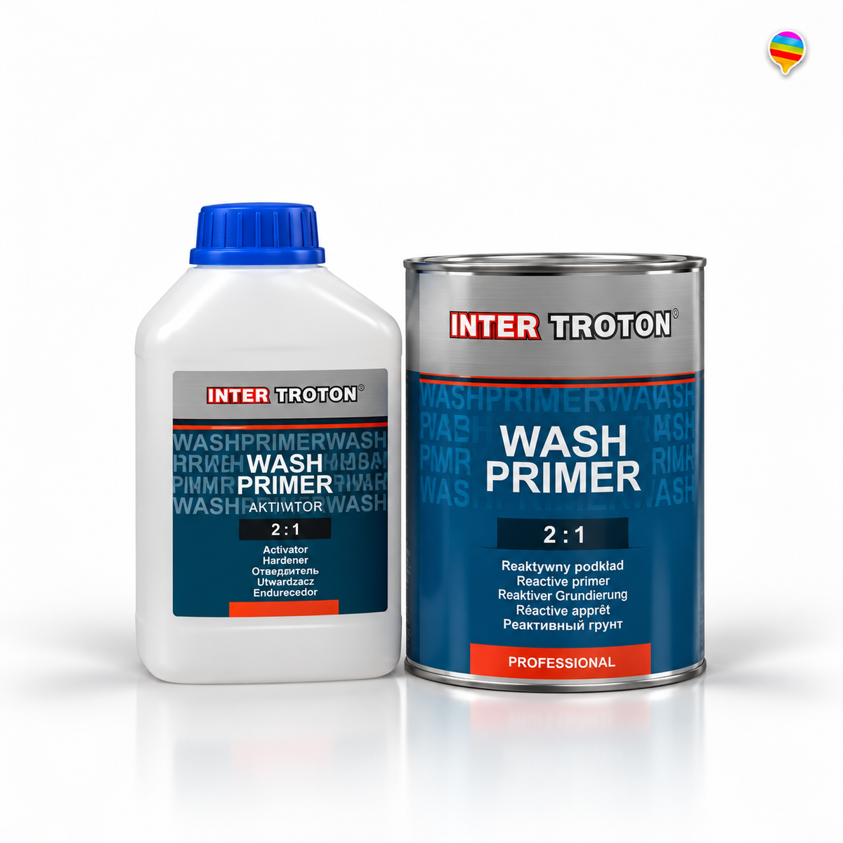 Inter Troton Wash Primer 2:1 + Aktivator – KI-generiertes Produktbild auf weißem Hintergrund mit kleinem Regenbogenlogo oben rechts