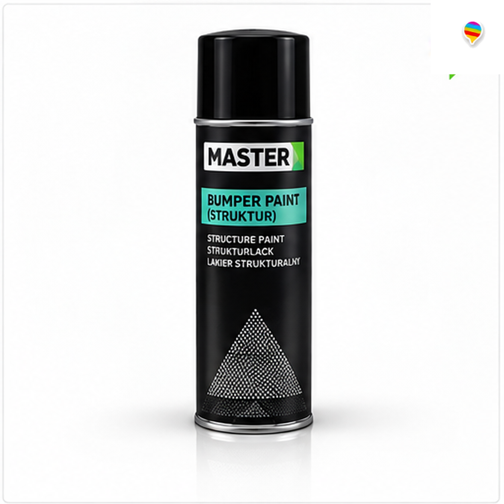 MASTER Bumper Paint Struktur – KI-generiertes Einzelproduktbild auf weißem Hintergrund mit weichem Schatten und Logo oben rechts