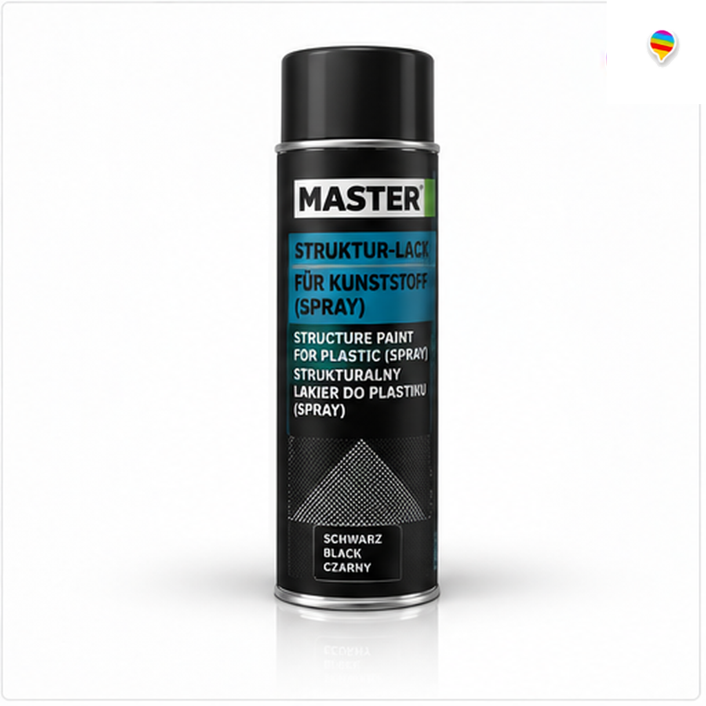 MASTER Struktur-Lack für Kunststoff Spray – KI-generiertes Einzelproduktbild auf weißem Hintergrund mit weichem Schatten und Regenbogenlogo oben rechts