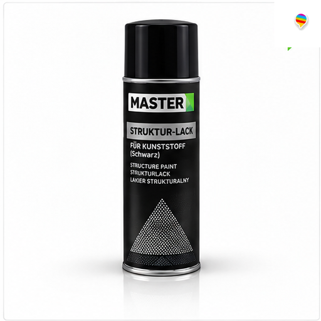 MASTER Struktur-Lack für Kunststoff Schwarz – KI-generiertes Einzelproduktbild auf weißem Hintergrund mit weichem Schatten und Logo oben rechts