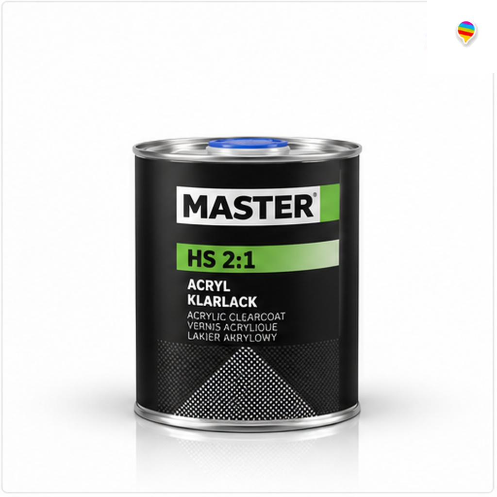 Master Troton HS 2:1 Acryl-Klarlack – KI-generiertes Einzelproduktbild auf weißem Hintergrund mit weichem Schatten und Regenbogenlogo oben rechts