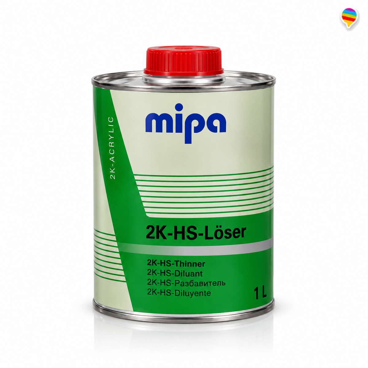 Mipa 2K-HS-Löser 1 L – runde Dose auf weißem Hintergrund mit einheitlichem Regenbogen-Sprechblasenlogo