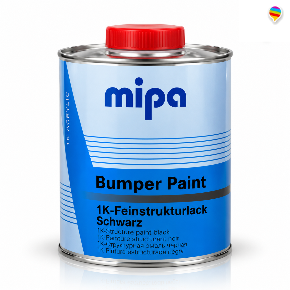 MIPA Bumper Paint 1K-Feinstrukturlack Schwarz – Einzelproduktbild auf Weiß mit einheitlichem Regenbogen-Sprechblasenlogo