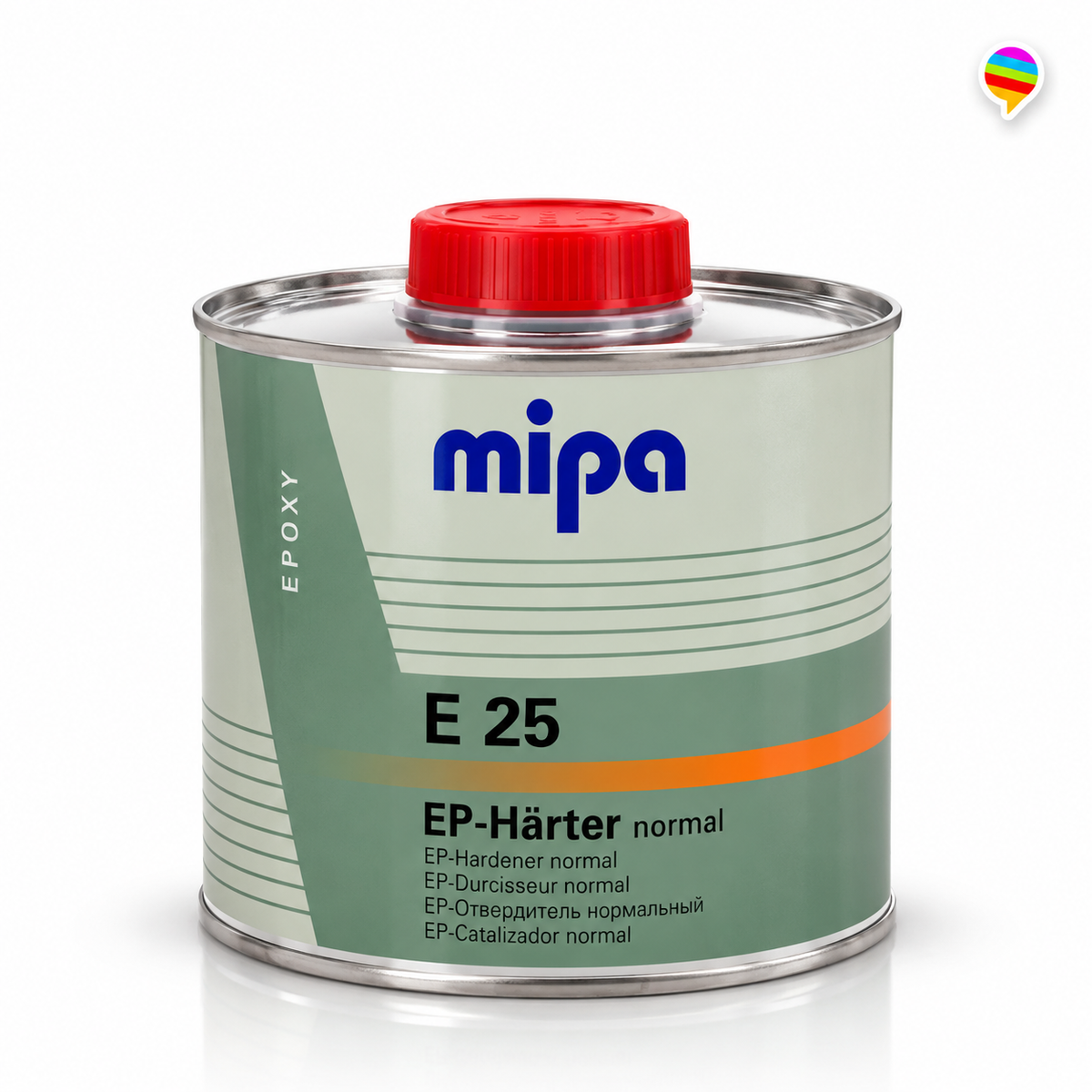 MIPA E 25 EP-Härter normal 500 ml – gedämpftes Salbeigrün und cremefarbenes Etikett nach Referenz, weißer Hintergrund mit einheitlichem Regenbogen-Sprechblasenlogo