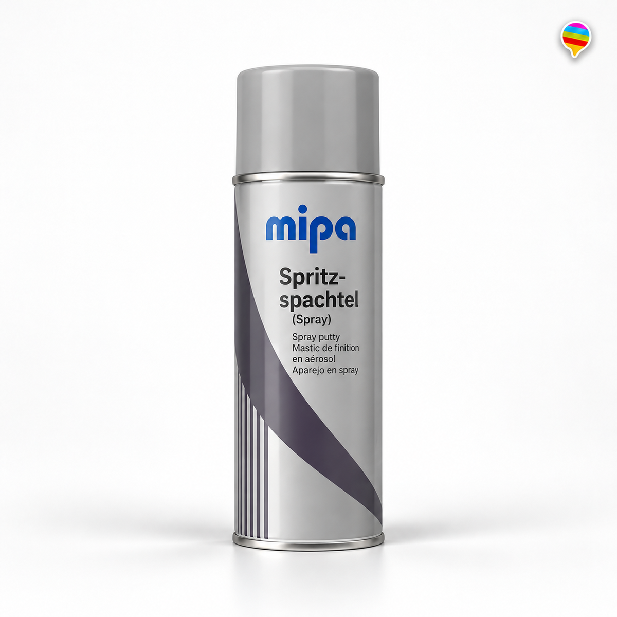 MIPA Spritzspachtel Spray – KI-generiertes Produktbild auf weißem Hintergrund mit Regenbogenlogo oben rechts