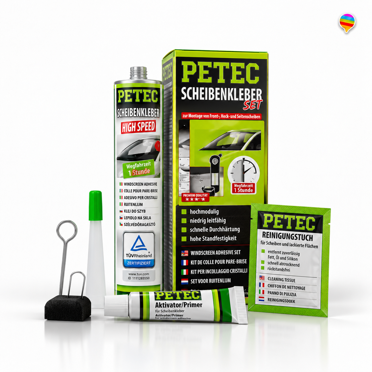 PETEC Scheibenkleber-Set – KI-generiertes Produktbild auf weißem Hintergrund mit kleinem Regenbogenlogo oben rechts
