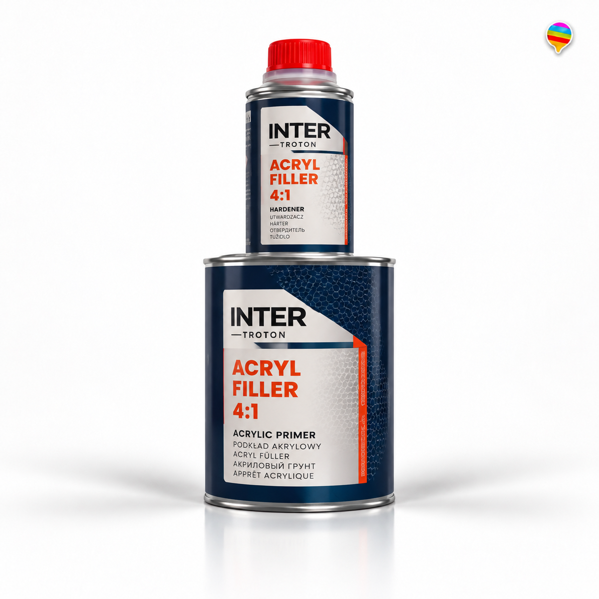 Troton Acryl Filler 4:1 Weiß – KI-generiertes Produktbild auf weißem Hintergrund mit kleinem Regenbogenlogo oben rechts