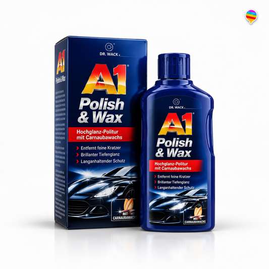 A1 Polish & Wax – KI-generiertes Produktbild auf weißem Hintergrund mit weichem Schatten und Logo oben rechts