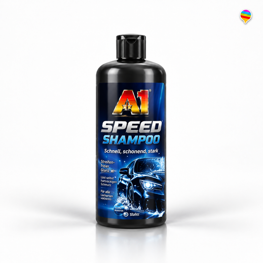 A1 Speed Shampoo – KI-generiertes Produktbild auf weißem Hintergrund mit weichem Schatten und Logo oben rechts