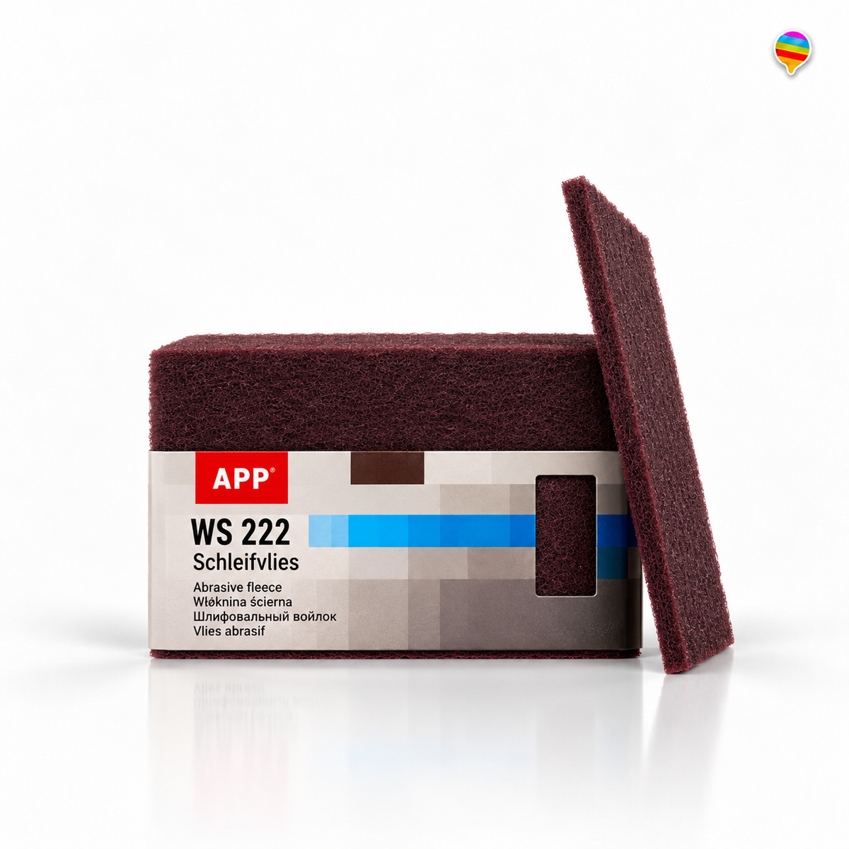 APP WS 222 Schleifvlies – KI-generiertes Produktbild auf weißem Hintergrund mit kleinem Regenbogenlogo oben rechts