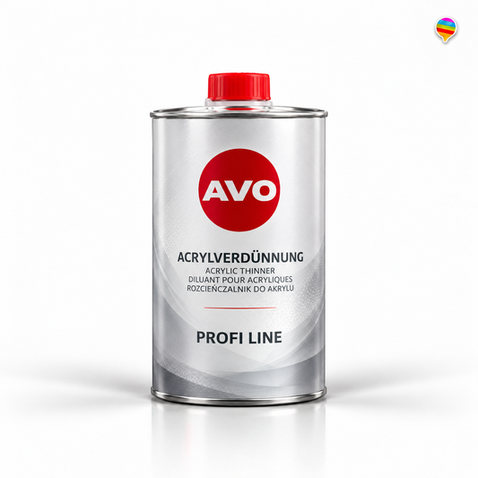 AVO Acrylverdünnung Profi Line 1L – KI-generiertes Produktbild auf weißem Hintergrund mit kleinem Regenbogenlogo oben rechts