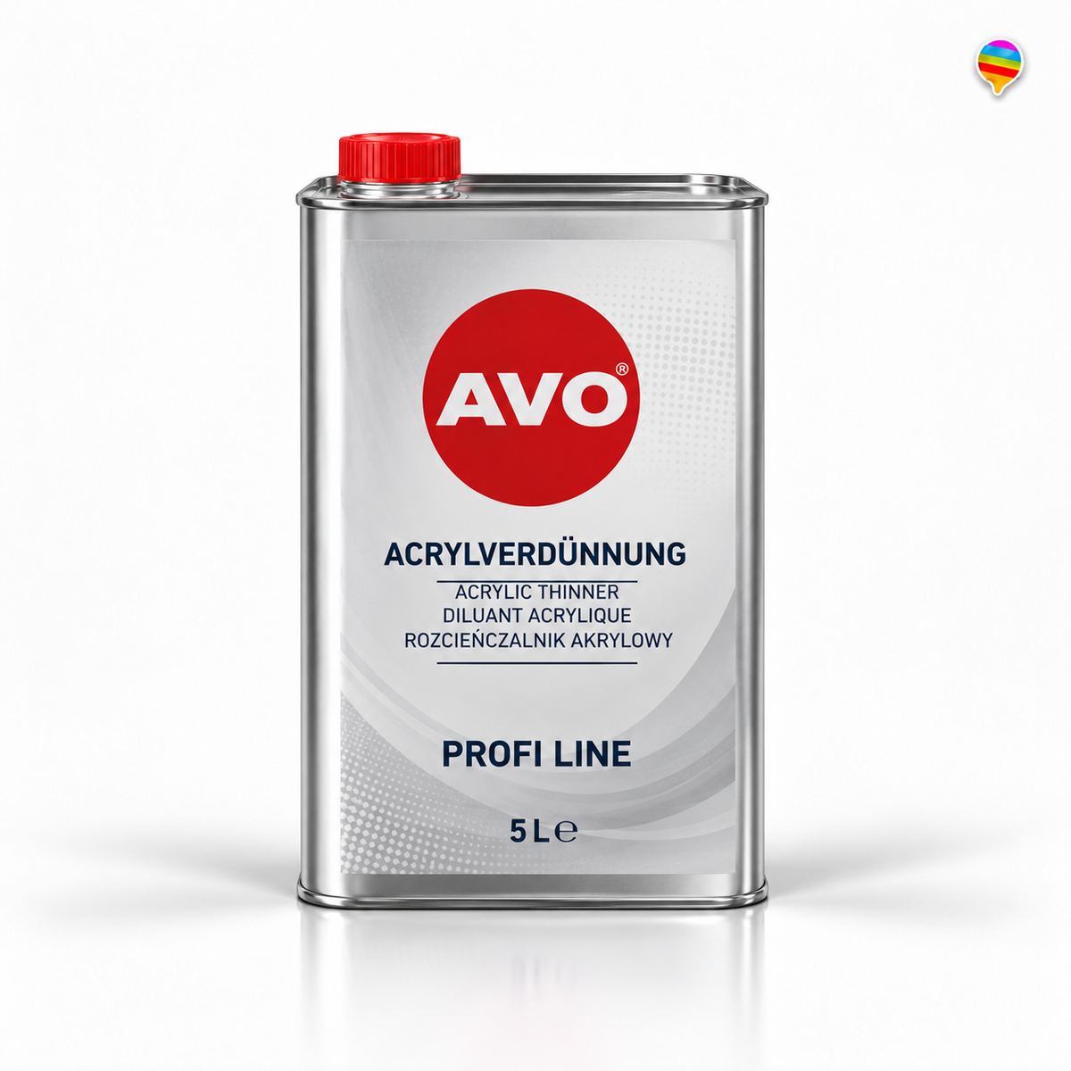 AVO Acrylverdünnung 5L Profi Line – KI-generiertes Produktbild auf weißem Hintergrund mit kleinem Regenbogenlogo oben rechts