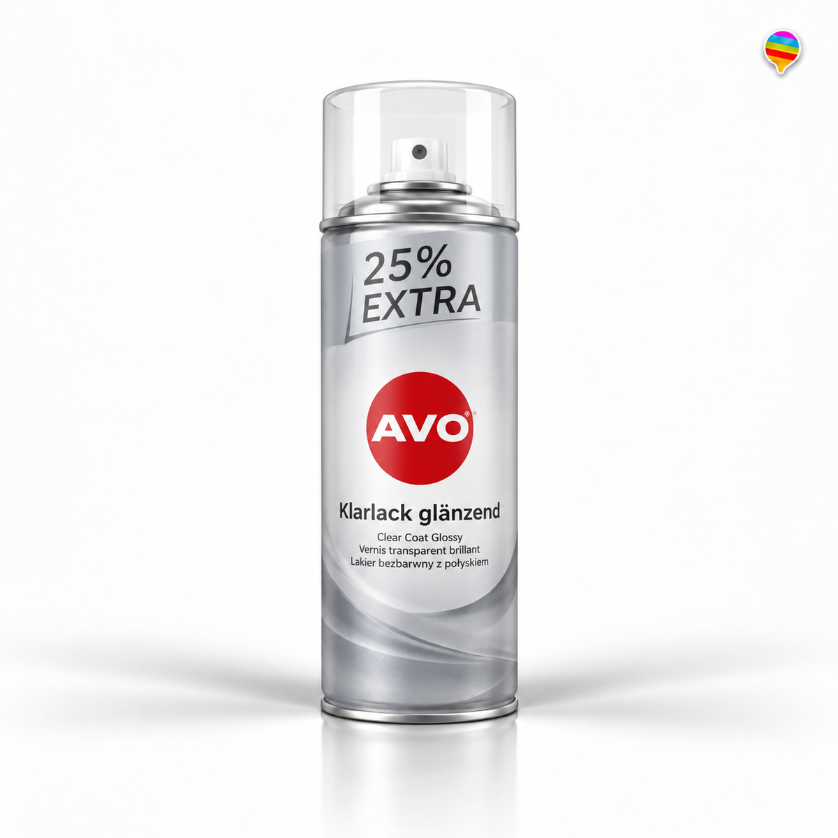 AVO Klarlack glänzend 25% Extra – KI-generiertes Produktbild auf weißem Hintergrund mit kleinem Regenbogenlogo oben rechts