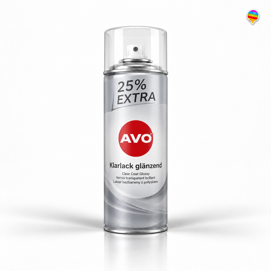 AVO Klarlack glänzend 25% Extra – KI-generiertes Produktbild auf weißem Hintergrund mit kleinem Regenbogenlogo oben rechts
