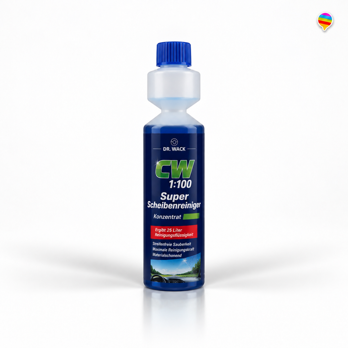 Dr. Wack CW 1:100 Super Scheibenreiniger – KI-generiertes Produktbild auf weißem Hintergrund mit weichem Schatten und Logo oben rechts