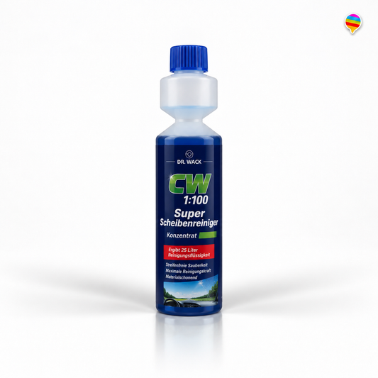 Dr. Wack CW 1:100 Super Scheibenreiniger – KI-generiertes Produktbild auf weißem Hintergrund mit weichem Schatten und Logo oben rechts