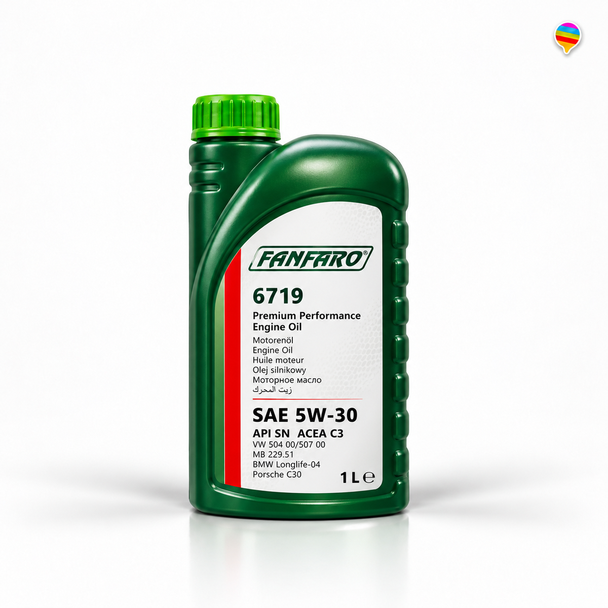 FanFaro 6719 SAE 5W-30 Motoröl 1L – KI-generiertes Produktbild auf weißem Hintergrund mit weichem Schatten und Logo oben rechts