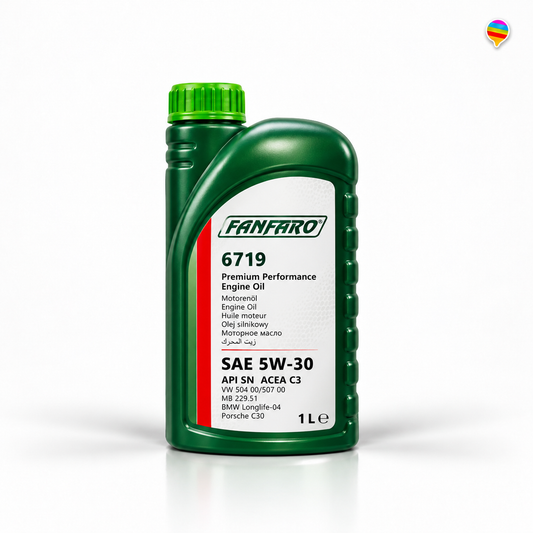 FanFaro 6719 SAE 5W-30 Motoröl 1L – KI-generiertes Produktbild auf weißem Hintergrund mit weichem Schatten und Logo oben rechts
