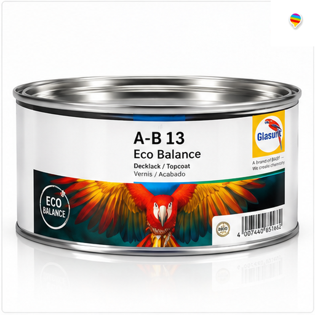 Glasurit AraClass A-B-13 Eco Balance Universalspachtel 1,5 kg – KI-generiertes Einzelproduktbild auf weißem Hintergrund mit weichem Schatten und Regenbogenlogo oben rechts