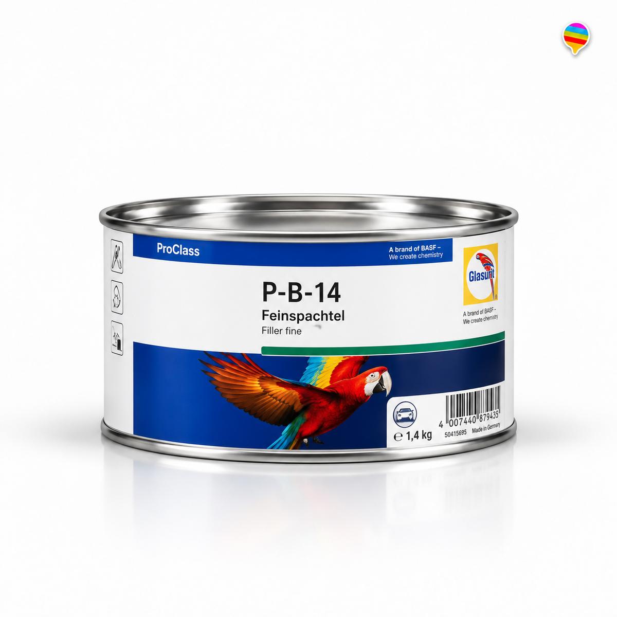 Glasurit ProClass P-B-14 Feinspachtel 1,4 kg – KI-generiertes Einzelproduktbild auf weißem Hintergrund mit weichem Schatten und Logo oben rechts