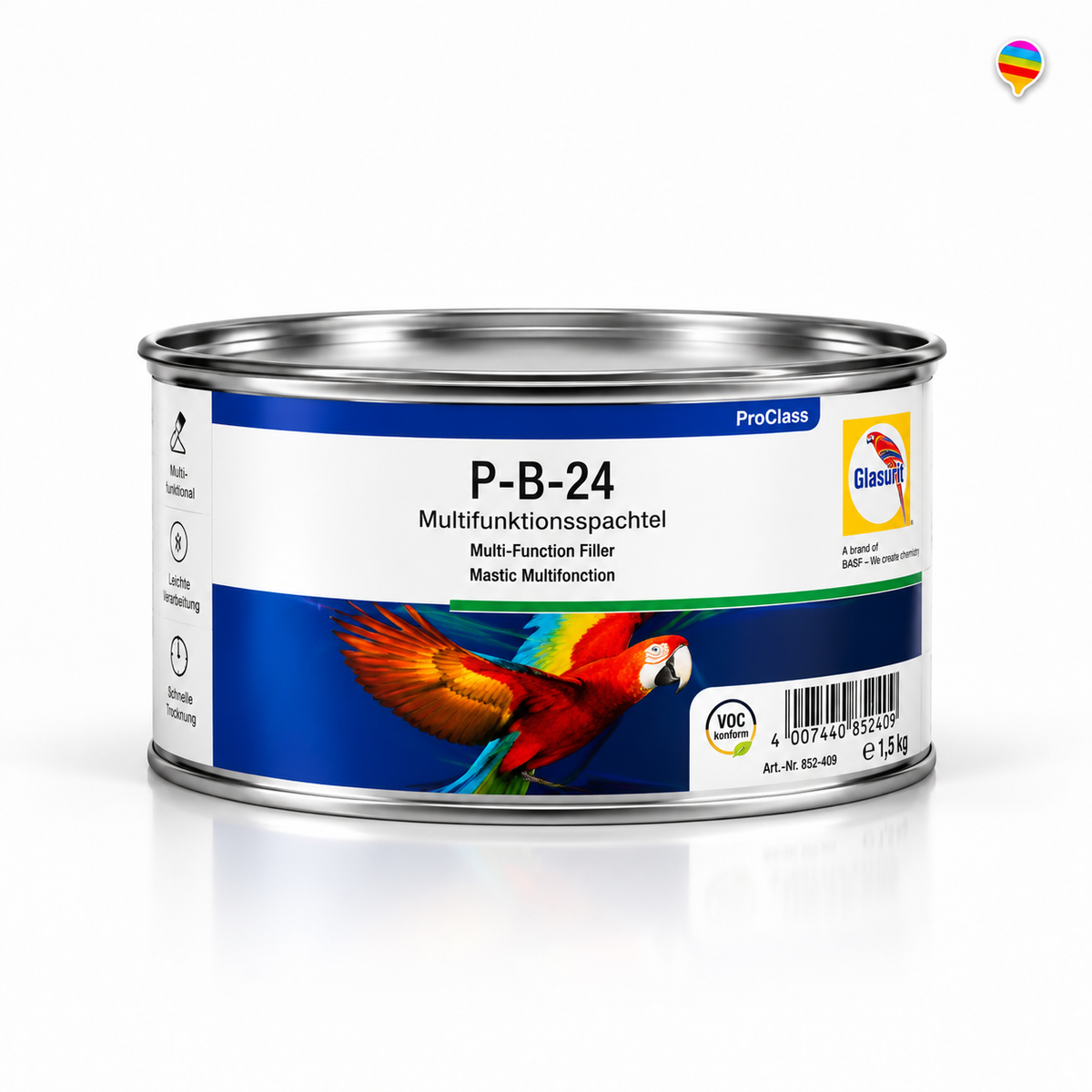Glasurit ProClass P-B-24 Multifunktionsspachtel 1,5 kg – KI-generiertes Einzelproduktbild auf weißem Hintergrund mit weichem Schatten und Logo oben rechts