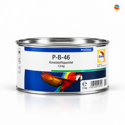 Glasurit ProClass P-B-46 Kunststoffspachtel 1,5 kg – KI-generiertes Einzelproduktbild auf weißem Hintergrund mit weichem Schatten und Logo oben rechts