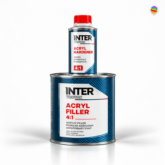 Inter Troton Acryl Filler 4:1 Grau – KI-generiertes Produktbild auf weißem Hintergrund mit kleinem Regenbogenlogo oben rechts