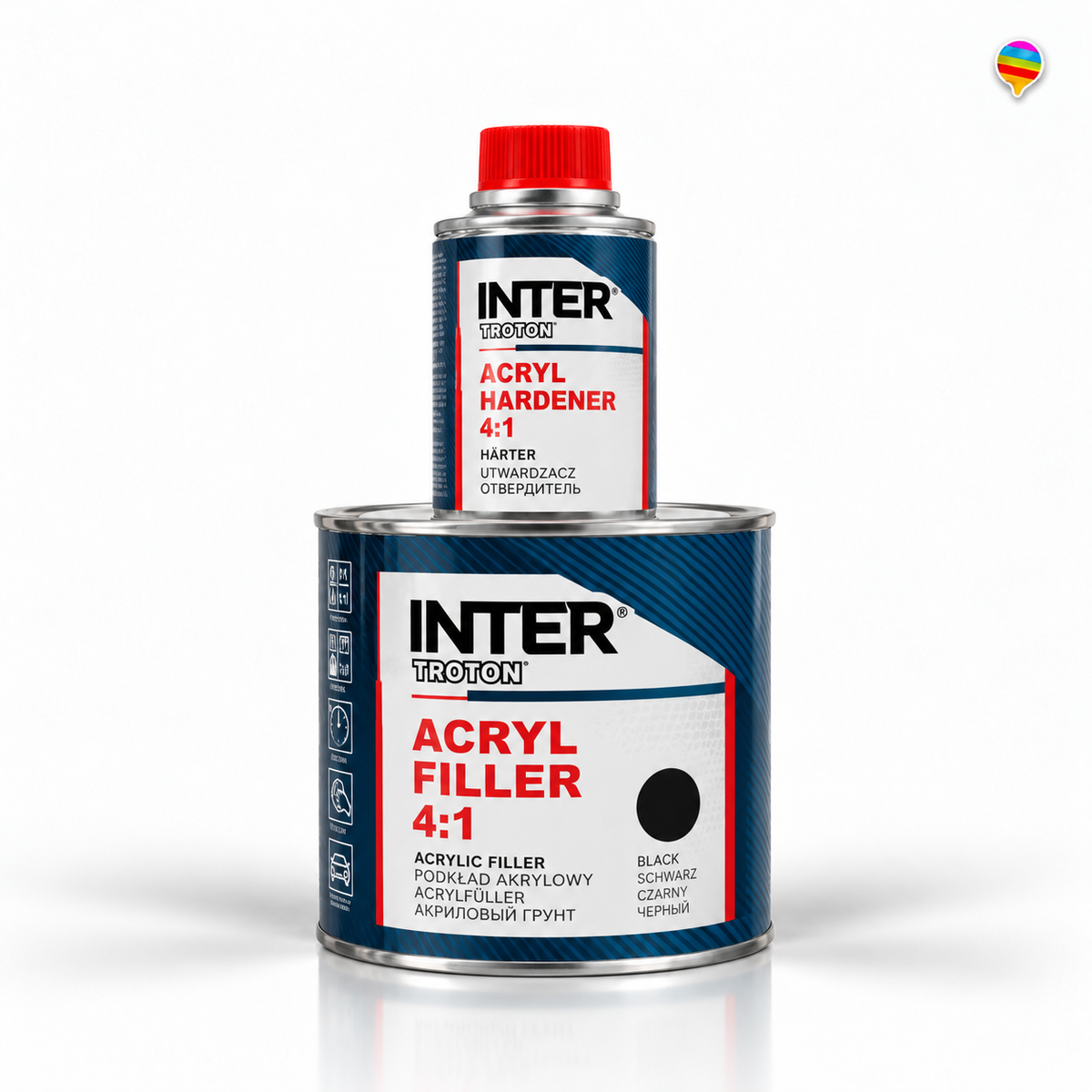 Inter Troton Acryl Filler 4:1 Schwarz – KI-generiertes Produktbild auf weißem Hintergrund mit kleinem Regenbogenlogo oben rechts
