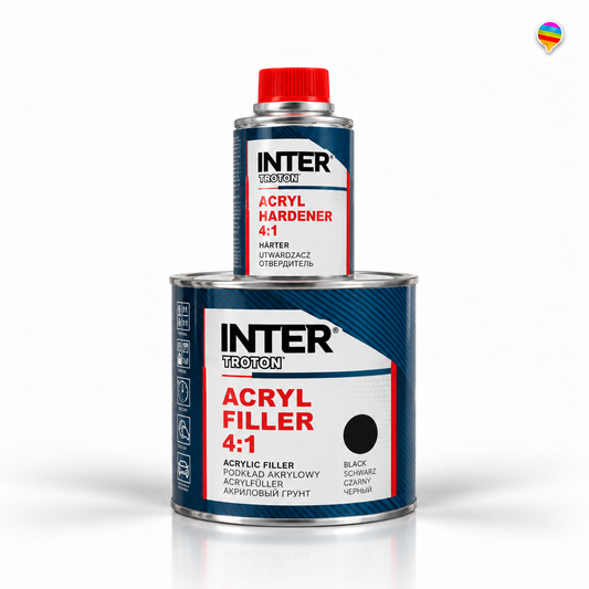 Inter Troton Acryl Filler 4:1 Schwarz – KI-generiertes Produktbild auf weißem Hintergrund mit kleinem Regenbogenlogo oben rechts