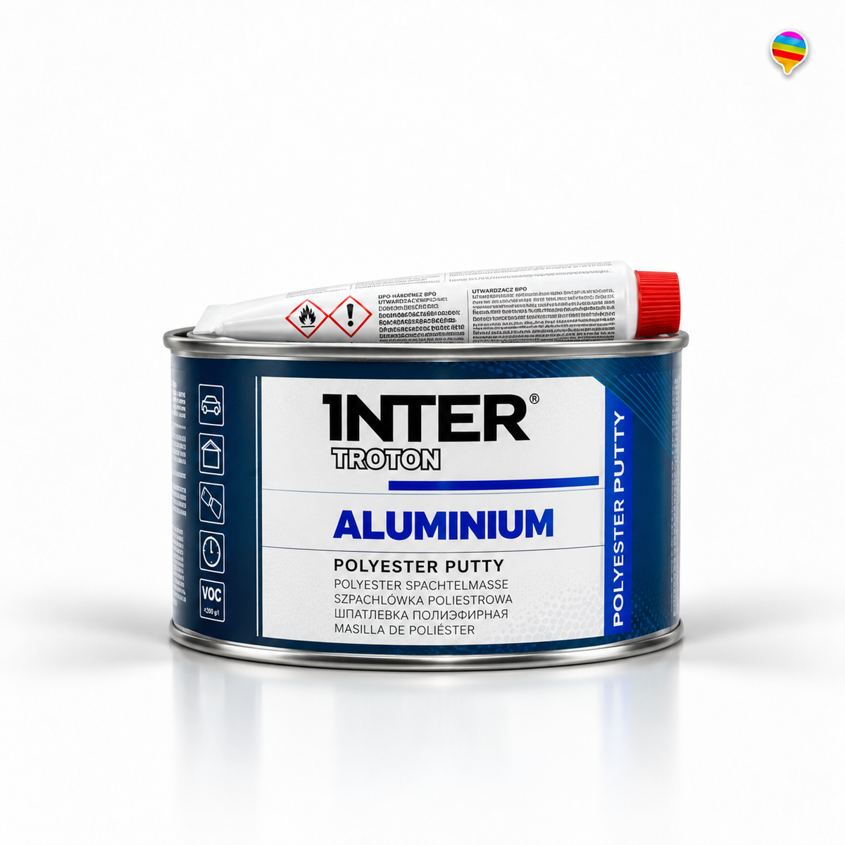 Inter Troton Aluminiumspachtel – KI-generiertes Produktbild auf weißem Hintergrund mit kleinem Regenbogenlogo oben rechts