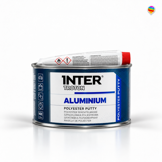 Inter Troton Aluminiumspachtel – KI-generiertes Produktbild auf weißem Hintergrund mit kleinem Regenbogenlogo oben rechts