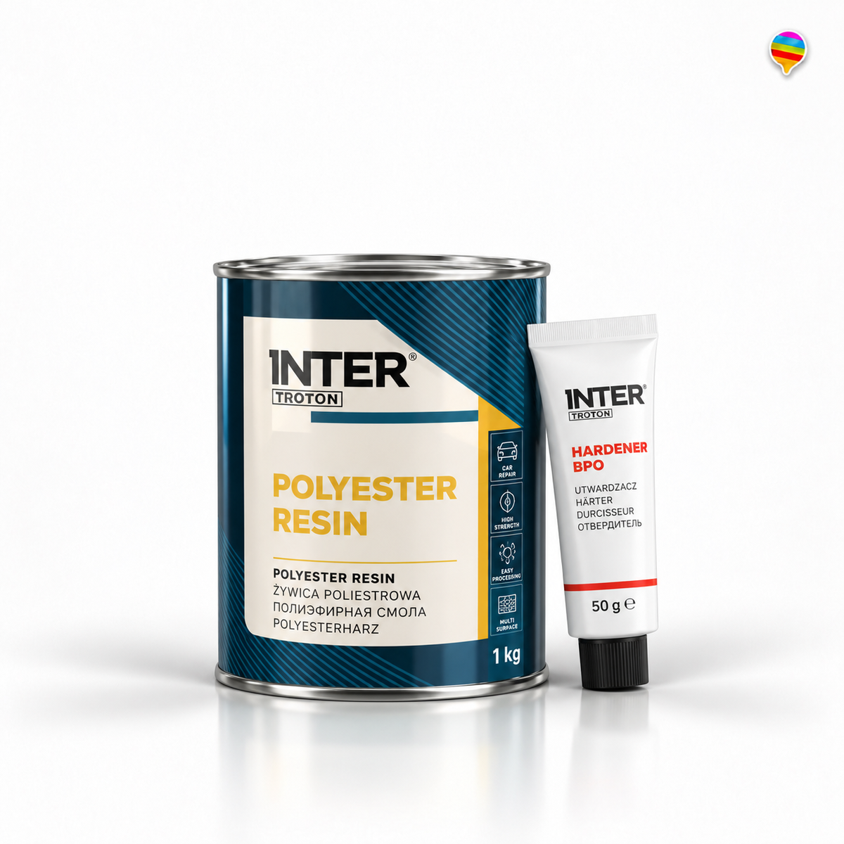 Inter Troton 1KG Polyesterharz plus Härter – KI-generiertes Produktbild auf weißem Hintergrund mit kleinem Regenbogenlogo oben rechts