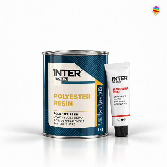 Inter Troton 1KG Polyesterharz plus Härter – KI-generiertes Produktbild auf weißem Hintergrund mit kleinem Regenbogenlogo oben rechts