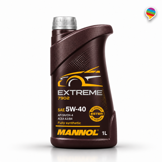 MANNOL Extreme 5W-40 Motoröl 1 Liter auf weißem Hintergrund mit kleinem Logo oben rechts