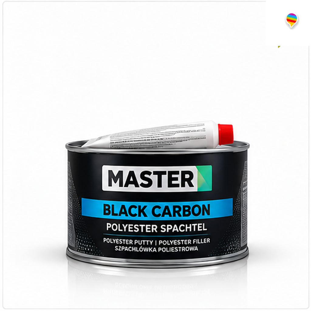 Master Black Carbon Polyester Spachtel – KI-generiertes Einzelproduktbild auf weißem Hintergrund mit weichem Schatten und Logo oben rechts