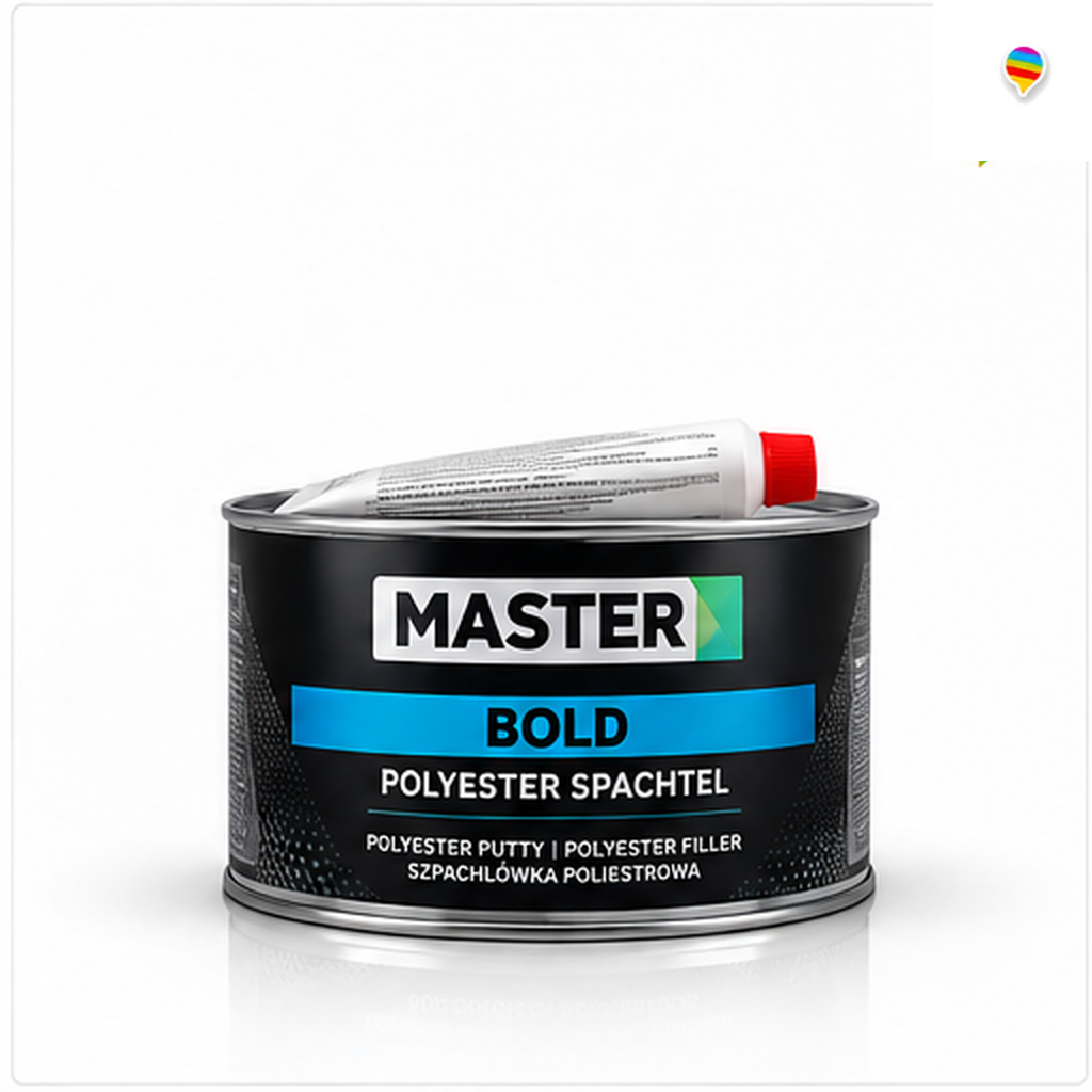 Master BOLD Polyester Spachtel – KI-generiertes Einzelproduktbild auf weißem Hintergrund mit weichem Schatten und Logo oben rechts