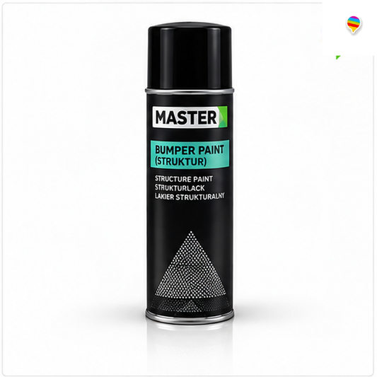 MASTER Bumper Paint Struktur – KI-generiertes Einzelproduktbild auf weißem Hintergrund mit weichem Schatten und Logo oben rechts