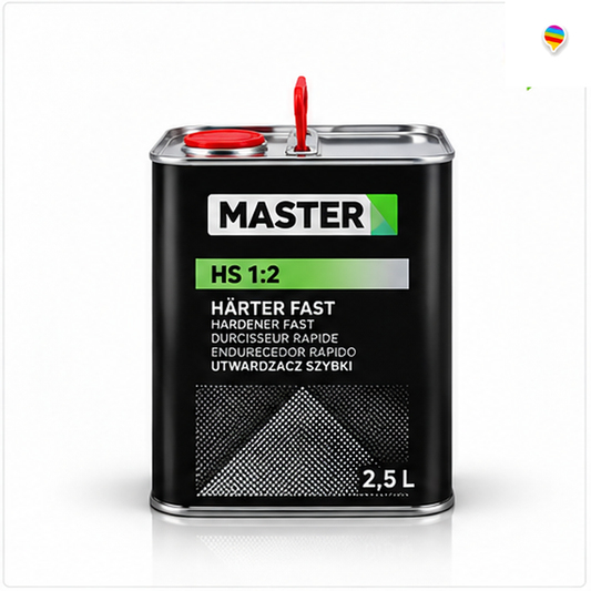 Master HS 1:2 Härter Fast 2,5L – KI-generiertes Einzelproduktbild auf weißem Hintergrund mit weichem Schatten und Logo oben rechts