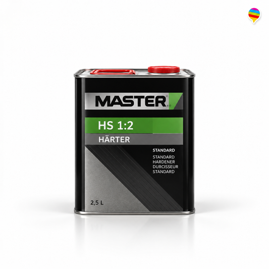 Master HS 1:2 Härter Standard 2,5L – KI-generiertes Einzelproduktbild, weißer Hintergrund, zentriert, Regenbogenlogo oben rechts