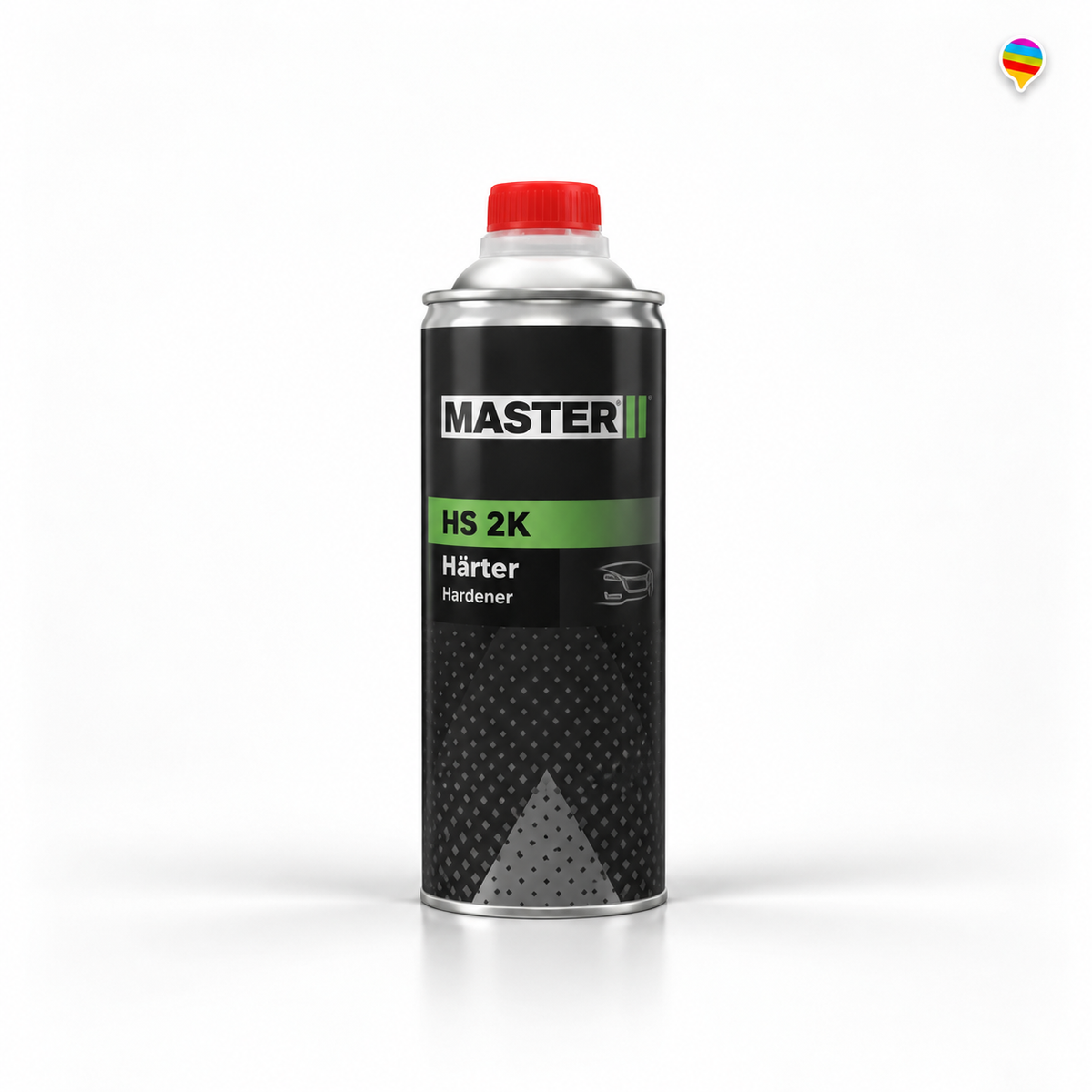 MASTER HS Härter 2K – KI-generiertes Einzelproduktbild, weißer Hintergrund, zentriert, Regenbogenlogo oben rechts