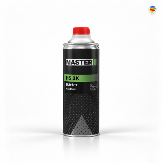 MASTER HS Härter 2K – KI-generiertes Einzelproduktbild, weißer Hintergrund, zentriert, Regenbogenlogo oben rechts