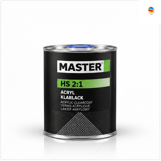 Master Troton HS 2:1 Acryl-Klarlack – KI-generiertes Einzelproduktbild auf weißem Hintergrund mit weichem Schatten und Regenbogenlogo oben rechts