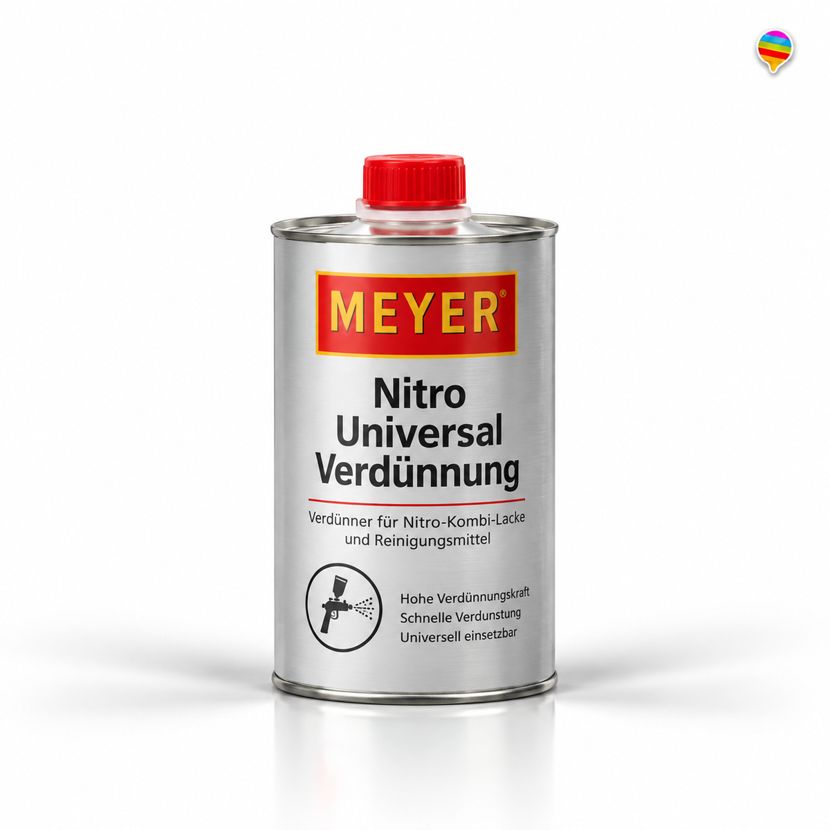 Meyer Nitro Universalverdünnung 1L – KI-generiertes Produktbild auf weißem Hintergrund mit kleinem Regenbogenlogo oben rechts