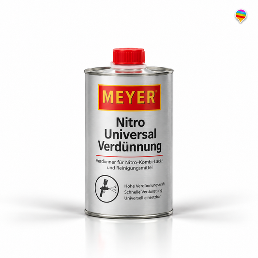 Meyer Nitro Universalverdünnung 1L – KI-generiertes Produktbild auf weißem Hintergrund mit kleinem Regenbogenlogo oben rechts