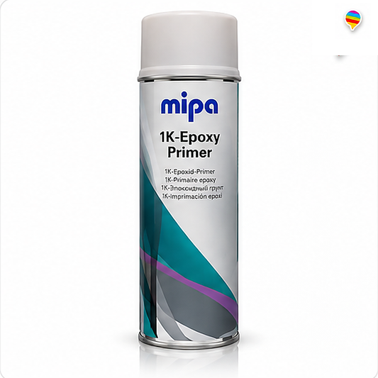 MIPA 1K Epoxy-Primer Grundierfüller – weißer Hintergrund mit Regenbogen-Sprechblasenlogo